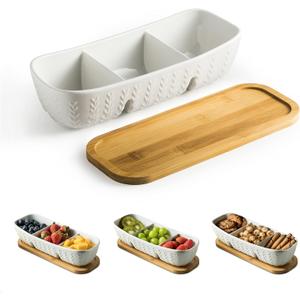 Miamolo Chip and Dip Serving Set with Acacia Wood Serving Tray, Majolica Salsa Turtles - Condiment Tray for Snacks, Appetizers, Charcuterie, Candy, Food, Divided Party Serving Trays (Large-11 Inches)