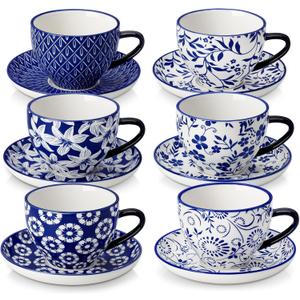 vancasso 8OZ Cappuccino Cups with Saucers, Porcelain Espresso Cups Set of 6 for Latte, Vintage Blue Coffee Cups, Tea Cup Set for Specialty Coffee Drinks, Gift, Series SELENE
