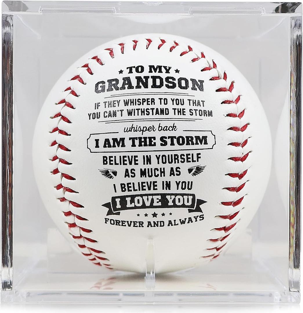 SYNGUCK Baseball Gift for Grandson-Clear Acrylic Display Case-Heartfelt Grandparents to Grandson Baseball with Inspirational Message - Perfect Birthday, Graduation Gift