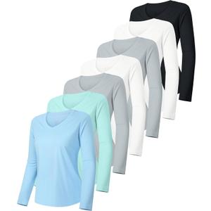 7 Pack Womens Long Sleeve Athletic Shirts UV Sun Protection UPF 50+ Quick Dry Workout Running Tops V Neck (XXL)