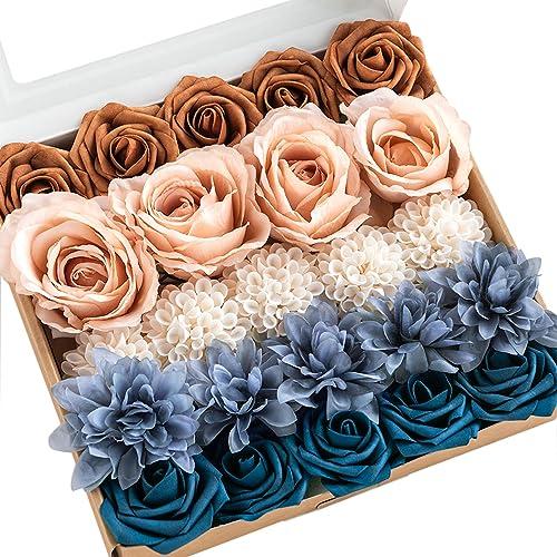 Ling's moment Artificial Flowers Fake Silk Dahlia Faux Foam Roses Combo for DIY Wedding Bouquets Centerpieces Arrangements Bridal Shower Party Home Decorations, Navy Blue & Burnt Orange, 24pcs