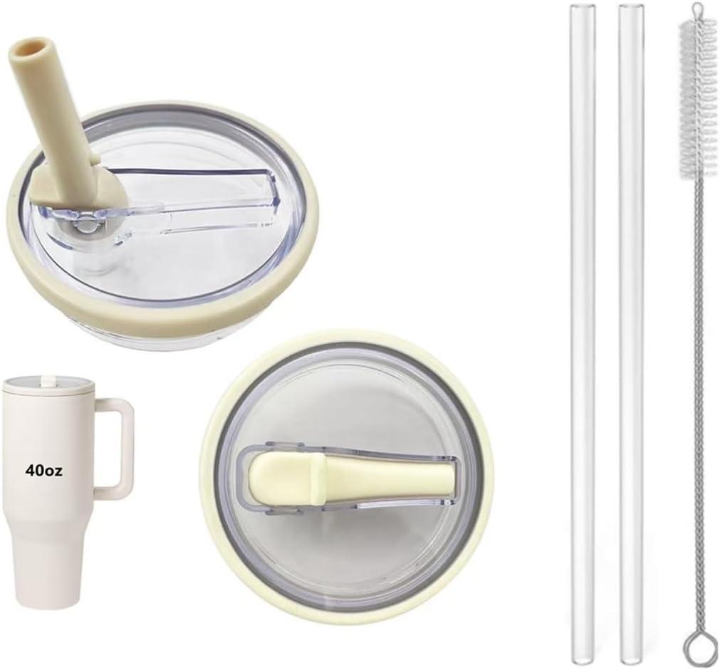 2 Pack 40 oz Tumbler Flip Straw Lid Replacement fit for HydroJug(Only), Spill Proof Splash Resistant Tumbler Lids,Reusable Leak Proof Tumbler Cover for Cup Accessories (Cream)