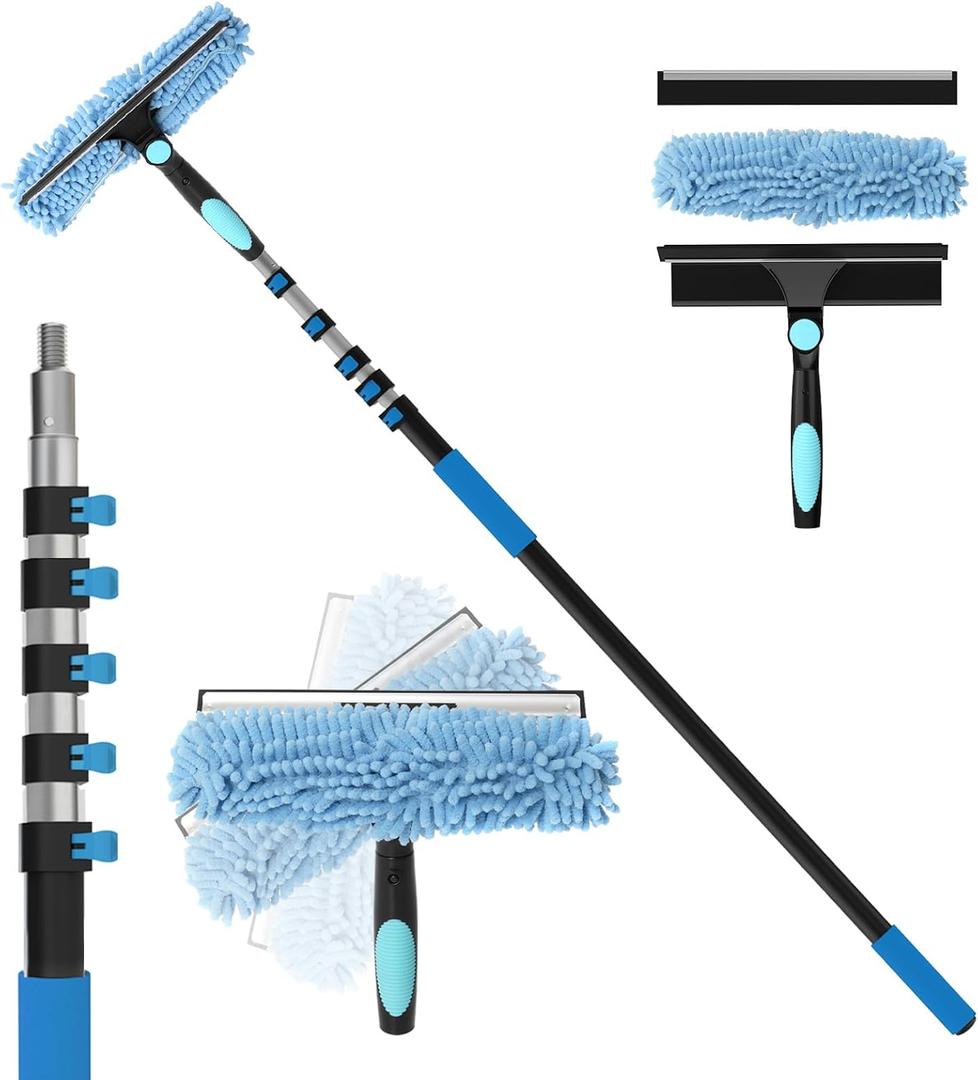 25FT Reach Window Squeegee Kit with Extension Pole, 2-in-1 Professional Washer for High Windows, 5-20FT Adjustable Reach, Rotatable Head for Indoor & Outdoor Use, Streak-Free Cleaning Tool for Home