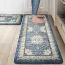 Collive Boho Kitchen Mat, Cushioned Anti Fatigue Kitchen Rug Set 2 Piece Non-Skid Waterproof Kitchen Mats for Floor, Comfort Heavy Duty Standing Mat for Kitchen, Laundry, Office, Desk(Blue) (17.3"x47"+17.3"x30"--0.47 inches)