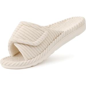 Litfun Orthopedic Arch Support Slippers for Women Comfortable Open Toe Indoor House Slippers Corduroy Cross Bow Bedroom Shoes for Plantar Fasciitis (10, Cream)