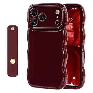 NITITOP Compatible for iPhone 17 Pro Case Cute Simple Wave Design Stylish Wavy Curly Frame with Wrist Adjustable Hand Strap Kickstand Grip Holder Soft Silicone Protective Cover - Wine Red
