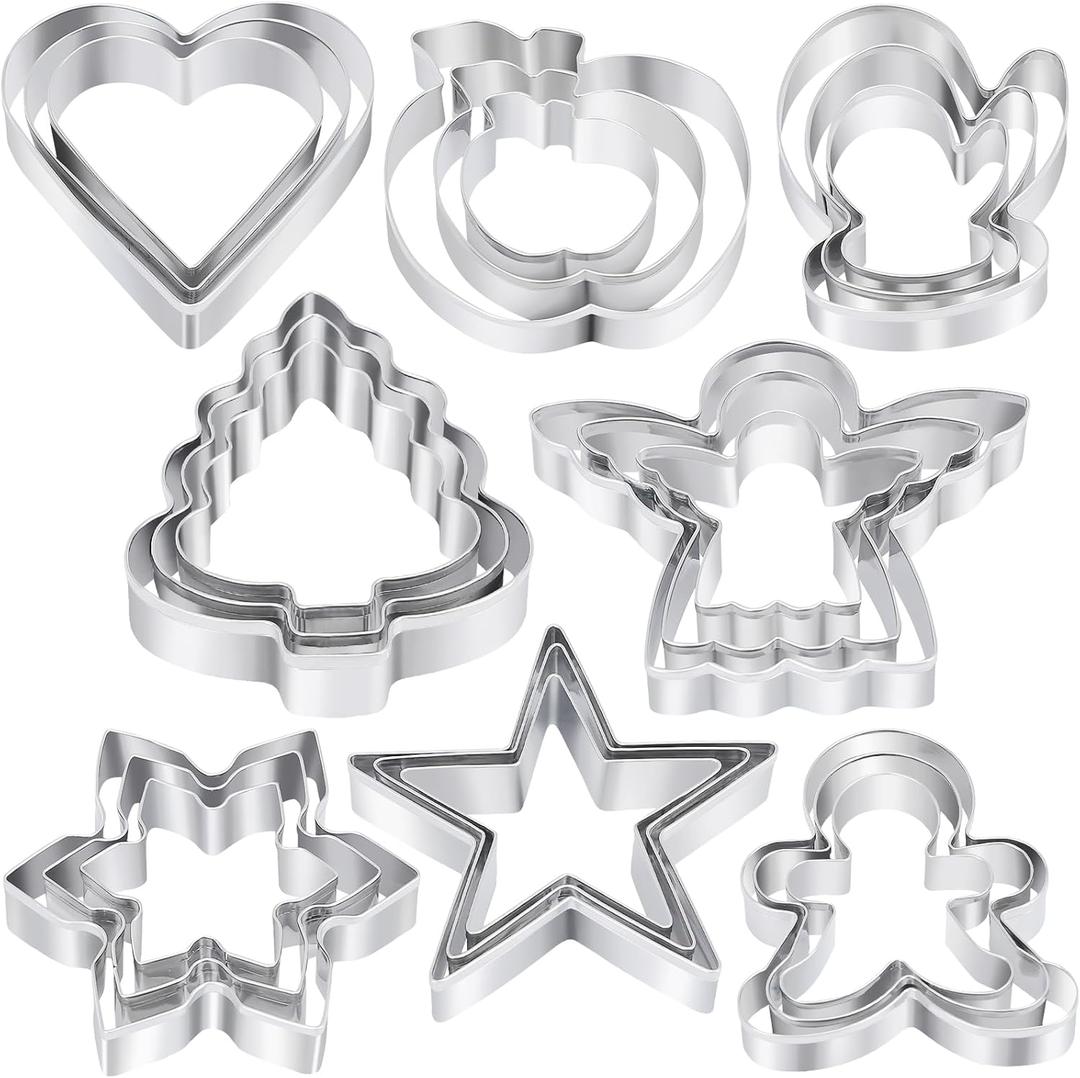 2 x Christmas Cookie Cutters Set - 24 Pcs Holiday Cookie Cutter with 8 Shapes - Gingerbread Men, Christmas Tree, Snowflake, Apple, Angel, Gloves, Heart and Star Biscuit Cutters for Winter Holiday Baking