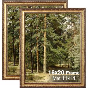 Splinterix 16x20 Gold Picture Frame, 2 Pack Ornate Vintage Picture Frames for Wall or Tabletop Display, 16x20 Photo Frame Gold with Plexialass, Display Poster 11x14 with Mat or 16x 20 without Mat for Antique Déco