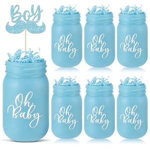 Funnymoom 6 Pcs Baby Shower Mason Jar Centerpiece Baby Shower Table Decoration Jars Vases with Crinkle Cut Paper for Boys Girls Party Table Centerpieces Toppers Decoration(Blue)