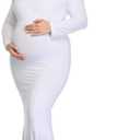Mommy Jennie Long Sleeve Maternity Dress for Photoshoot Stretchy Pregnancy Fitted Gowns for Baby Shower (Large, White)