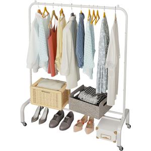JIUYOTREE Metal Clothing Rack with Wheels, 43.3 Inches Rolling Clothes Garment Coat Rack with Bottom Shelf, Clothing Rack for Hanging Clothes, Coats, Skirts, Shirts, Sweaters, White