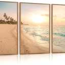 Aurlan Tropical Beach Sunset Framed Wall Art(16"x24"), 3PCS Coastal Ocean Island Canvas Artwork, Vintage Seascape Landscape Scenery Decor Prints for Office Home