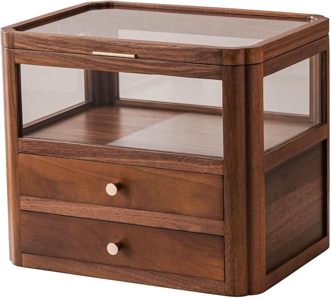 Walnut Wood & Glass Storage Cabinets Desktop Organizers Countertop with Drawers (SYJ-SCWD02)