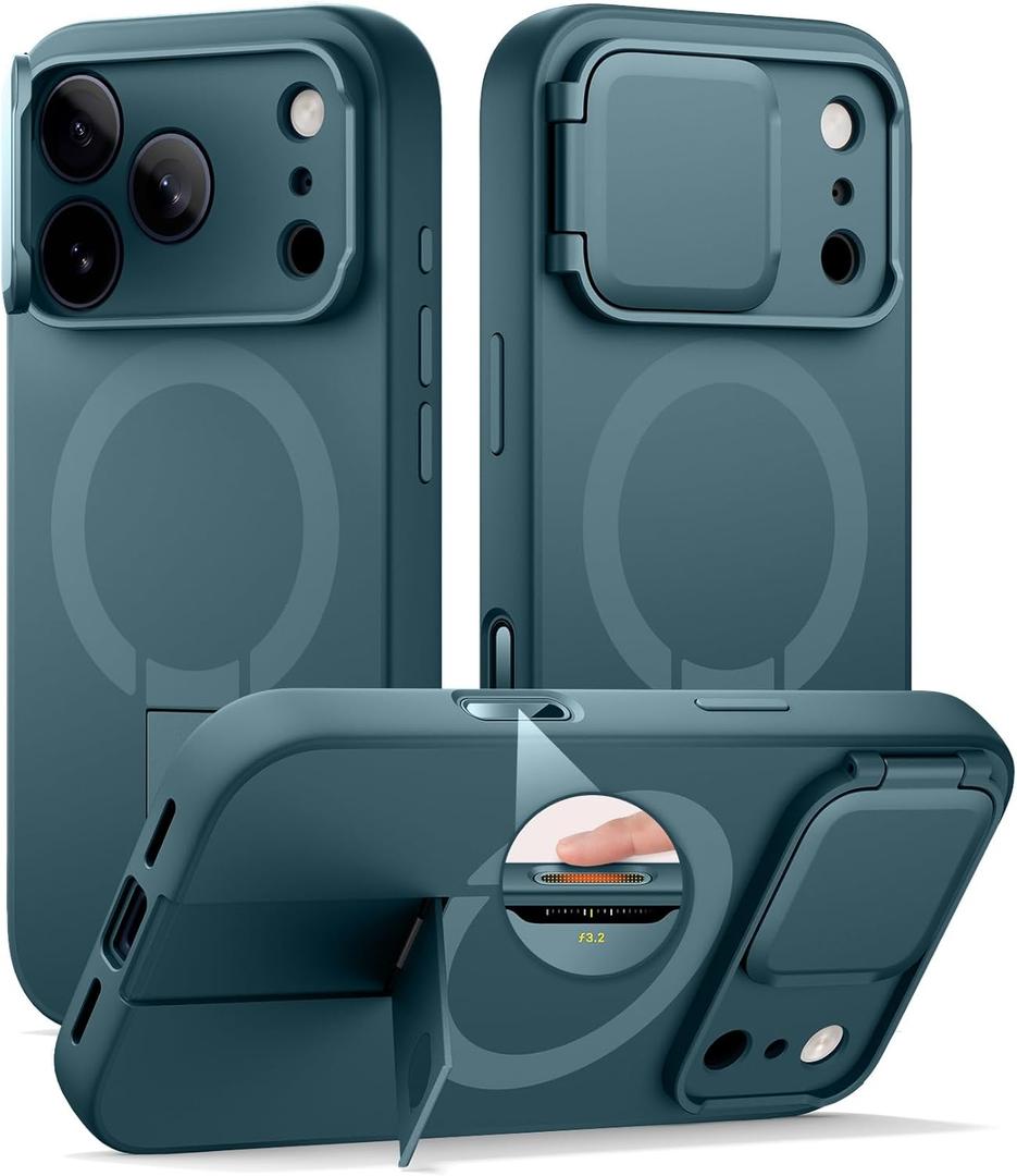 SURITCH for iPhone 17 Pro Max Case with Camera Control Cover, Camera Cover and Adjustable Kickstand, Compatible with MagSafe, Shockproof Bumper Protective Cases 6.9 Inch, Lake Green