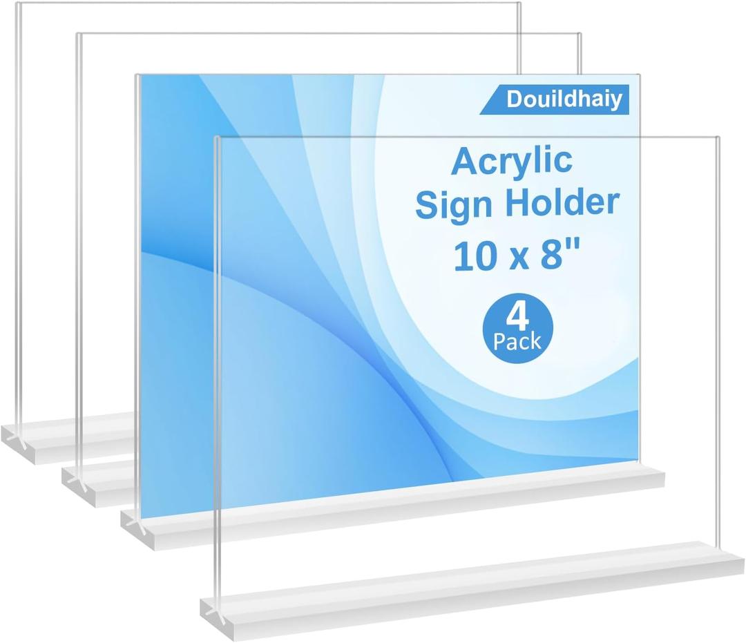 4 Pack Acrylic Sign Holder 8x10 Horizontal , T shape Double Side 10x8 Plastic Paper Menu Table Display Stand for Restaurants ,Office ,Photo frames ,Store - Landscape