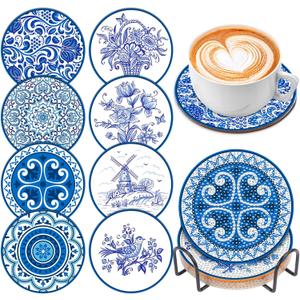 8 Pcs Diamond Art Coasters Kits for Adults with Holder Cork Pads, DIY Blue and White Porcelain Diamond Art Dots Painting Coasters Kits for Adults Beginners, Ideal Gift