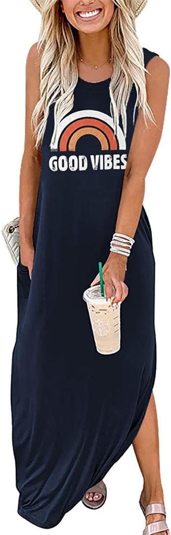 Womens Good Vibes Rainbow Sleeveless Funny Grapic Maxi Dress Summer Casual Letter Tank Dresses with Pockets Wine red s