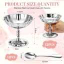 Ferrochef 12 Sets Stainless Steel Ice Cream Cups with Spoons Bulk Vintage Silver Footed Dessert Bowls Reusable Sundae Cups for Fruit Yogurt Pudding Wedding Birthday Party Supplies(Flower Edge Style)