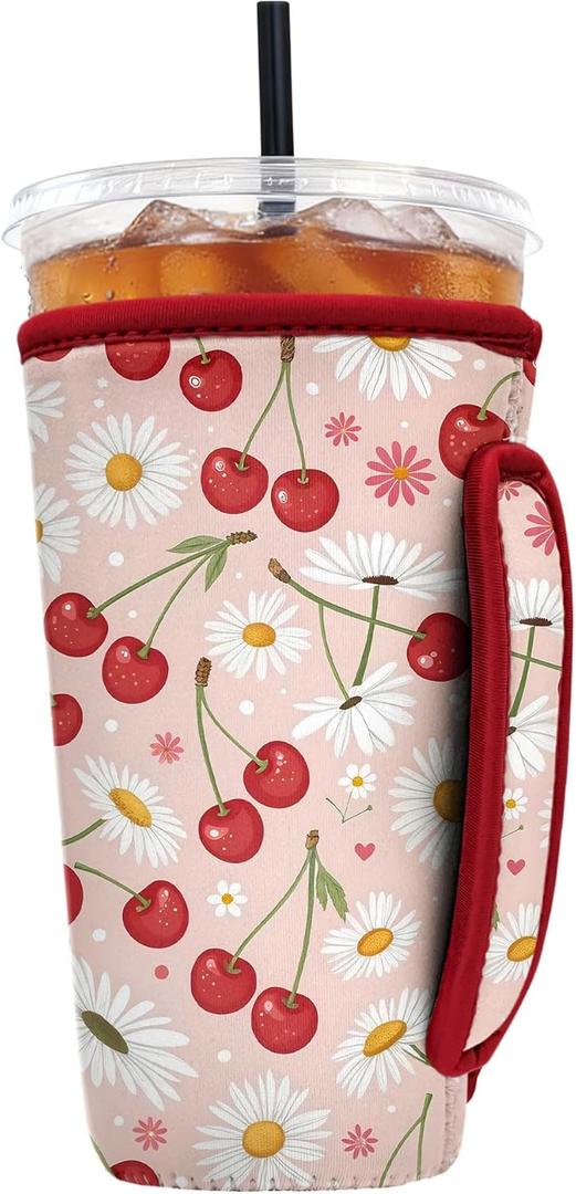 Reusable Insulated Neoprene Iced Coffee Sleeve with Handle, Coffee Cup Holder for Hot & Cold Drinks, Universal Fit 1632oz Cups, Bottles & Tumblers - Cherry Blossom, Large