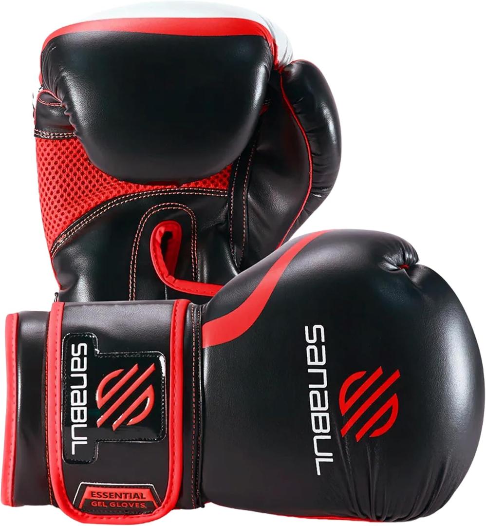 Sanabul Essential Gel Boxing Gloves for Men & Women, Kickboxing MMA, Muay Thai Gloves and Heavy Bag Training Punching & Sparring, Black/ Red 16 oz