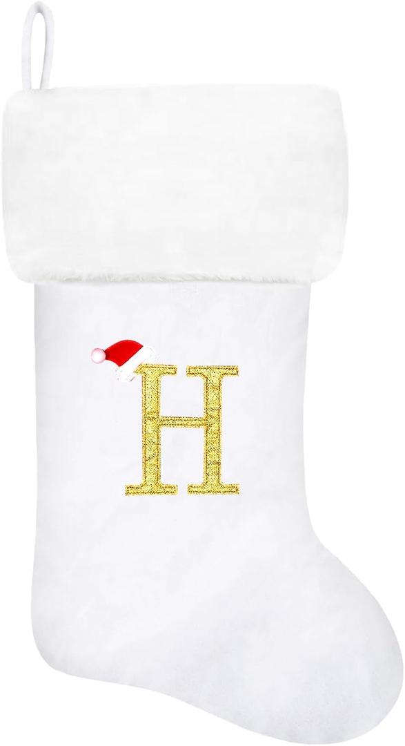 20 Inches Monogram Christmas Stockings White Velvet with White Super Soft Plush Cuff Embroidered Xmas Stockings Classic Personalized Stocking Decorations for Family Holiday Season Decor(H)