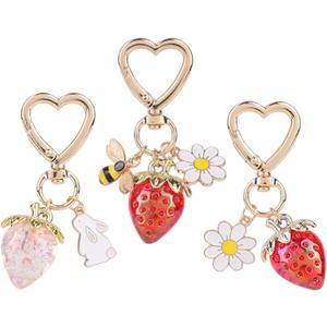 Tinoaly 3pcs Cute Strawberry Keychain, Zinc Alloy Strawberry Bag Charm Heart Rabbit Flower Key Ring Bee Fruit Key Chain Keyring for Purse Handbag Backpack