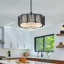 20" Rattan Boho Fandelier Ceiling Fan with Light, (Black)