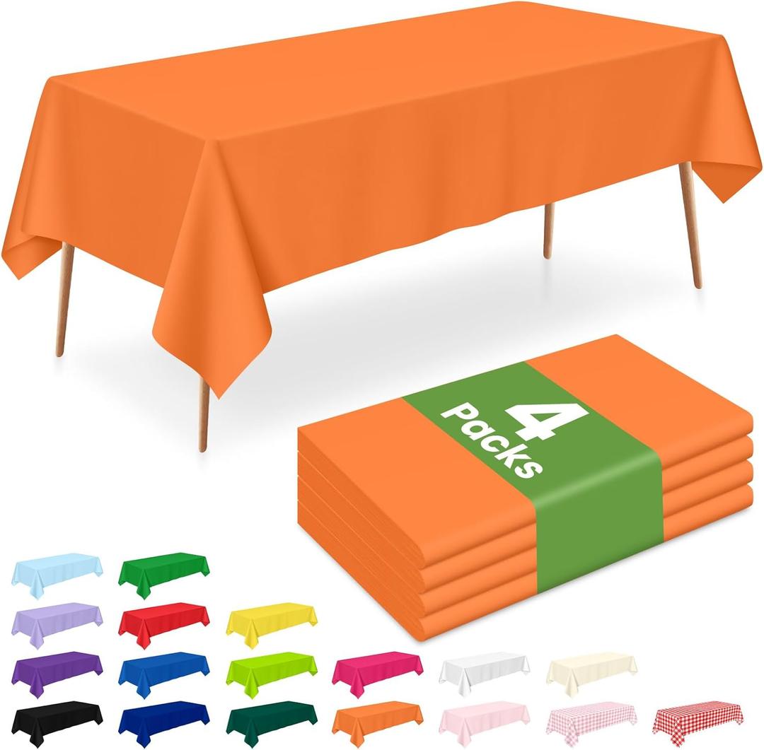LANLISA 4 Pack Orange Plastic Tablecloth, 54 x 108 Inch Rectangle Table Cloth Disposable, Halloween Party, Thanksgiving Decorations, Harvest, Fall Tablecloths, Plastic Cover