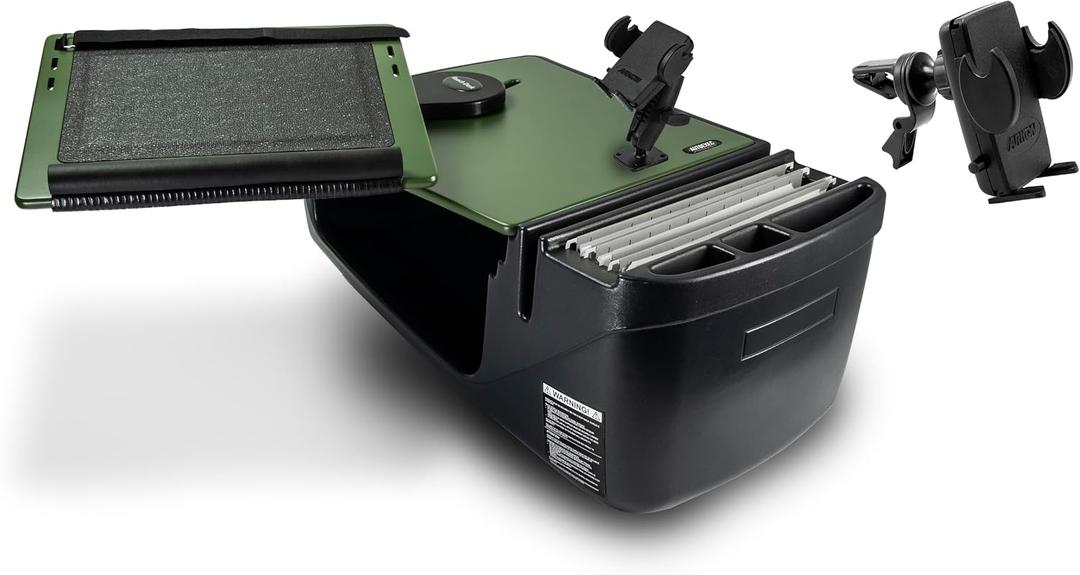 AutoExec Reach Desk Front Seat Car Desk and Portable Workstation with Phone Mount and Phone Vent Clip, Army Green