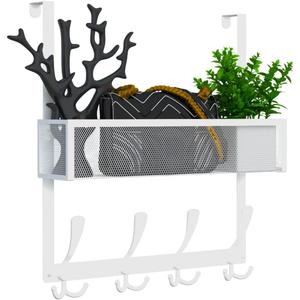 Over The Door Hooks Organizer,Over Door Hanger Towel Rack Mesh Basket with 12 Hooks,Back of Door Storage Organizer for Bedroom,Bathroom,Kitchen,Office(White)