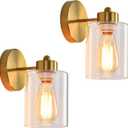 Metal Sconces Wall Lighting with Clear Glass Shade, Bathroom Vanity Light Matte Black Wall Sconce, Modern Wall Light Fixtures (2 PACK, Gold)