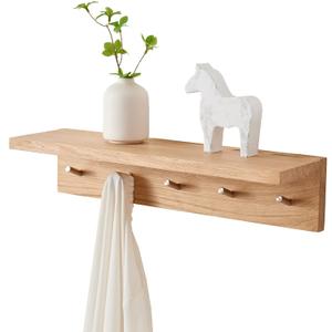 Oak Wood Wall Shelf with 5 Hooks, Entryway Shelf Coat Rack with Hooks Floating Shelves with Hooks for Clothes Hats Towel Purse Robes, Bathroom Mudroom Bedroom (20 inch)
