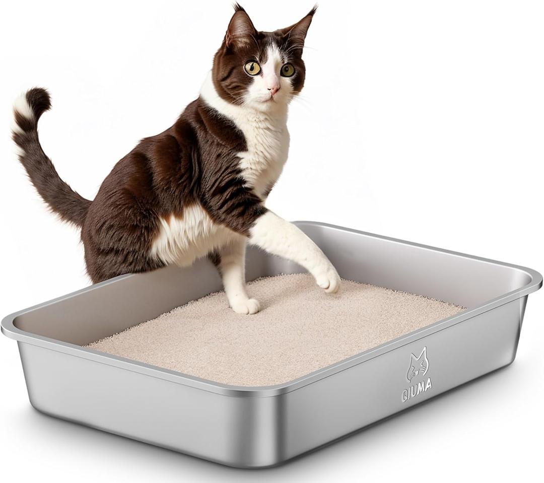 Stainless Steel Litter Box with Handle, Large Metal Cat Litter Box with High Sided for Big and Small Cats, Kitty Litter Boxes, Non-Stick, Easy to Clean, Odor-Free, Cat ToiletLitterbox (19.5"L13.6"W3.9"H)