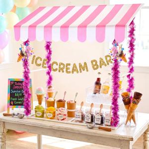 7 Pcs Ice Cream Bar Stand Supplies Ice Cream Bar Cart Party Decoration with 1 Set Plastic Stand 1 Pink and White Sunshade Cloth 4 Pink Tinsel 1 Banner for Icecream Party Supplies Bakery Backdrop