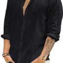 JEKAOYI Mens Summer Casual Long Sleeve Cotton Linen Shirts Button Up Solid Plain Roll-Up Sleeve Beach T Shirts (S)