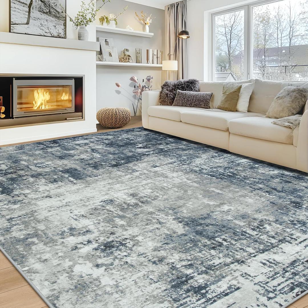 9x12 Area Rugs for Living Room Rug Washable: Modern Large Rug for Dining Room Bedroom Carpet Non Slip 9 by 12 Indoor Abstract Nursery Home Office Blue Grey