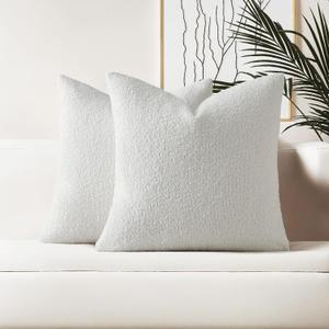 HAUSSY Pack of 2 Pillow Covers 20x20 Inch, Boucle Decorative Throw Pillows Soft Boho Neutral Cushion Covers Home Decor Modern Pillow Cases for Couch Living Room Sofa Bed, White (Covers Only)