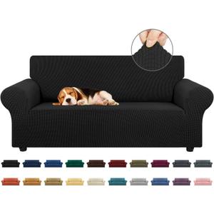 KEKUOU Stretch Loveseat Sofa Cover Slipcover, Couch Covers for 2 Cushion Couch Sofa (55"-78") Furniture Protector Sofa with Elastic Bottom for Kids, Dog. Jacquard Small Checked (Medium, Black)