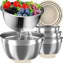 Mixing Bowls with Airtight Lids Set, 4 Stainless Steel Bowls Nesting Bowls & Colander, Kitchen Organizers and Storage Non-Slip Bottom, Size 1.5/2.0/2.5/4.5QT, Great for Mixing & Serving, Khaki