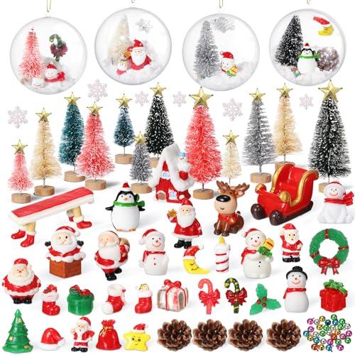 Roowest 96 Pcs Miniature Ornaments for Snow Globe Kit DIY Christmas Village Decoration Christmas Figurines Mini Ornaments with Snowman Reindeer Santa Claus Snowflake(DarkGreen Teal Beige Sliver Pink)