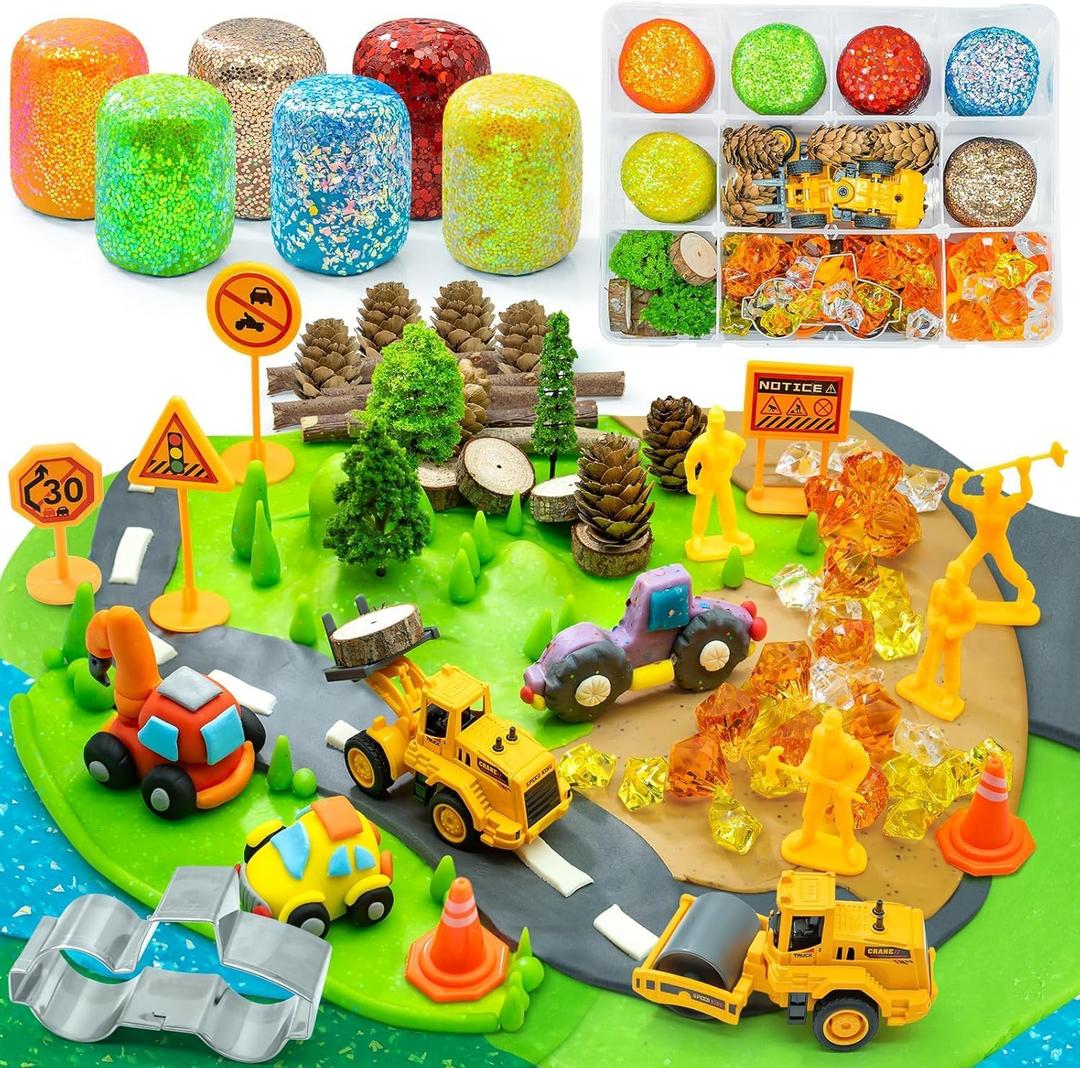 SIMPLIPLAY Construction Sensory Kit with 6 PCS 18oz Glitter Doughs & Accessories(About 80pcs), Color Dough Set, Construction Boy Sensory Kit with Toy Trucks for Kids Toddlers Creative Gift