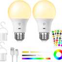 LED Rechargeable Light Bulbs With Remote Touch Dimmable, E26 Battery Operated Light Bulb for Lamps, RGB 12 Colors, 2600mAh USB battery backup Light Bulb With Timer, A19 Small Light Bulbs 2 Pack