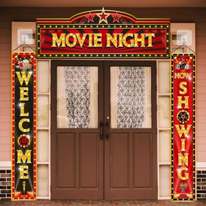 Funnymoom 3 Pcs Movie Night Porch Banner Decorations Movie Theme Party Hanging Banner Welcome Now Showing Sign Door Decor for Theater Photography Background Party Supplies