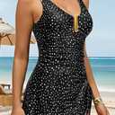 Women's One Piece Swimdress- Tummy Control Swimsuits with Skirt V Neck U Ring Bathing Suit Tie Knot Swimwear 2025 (Black, XXL)