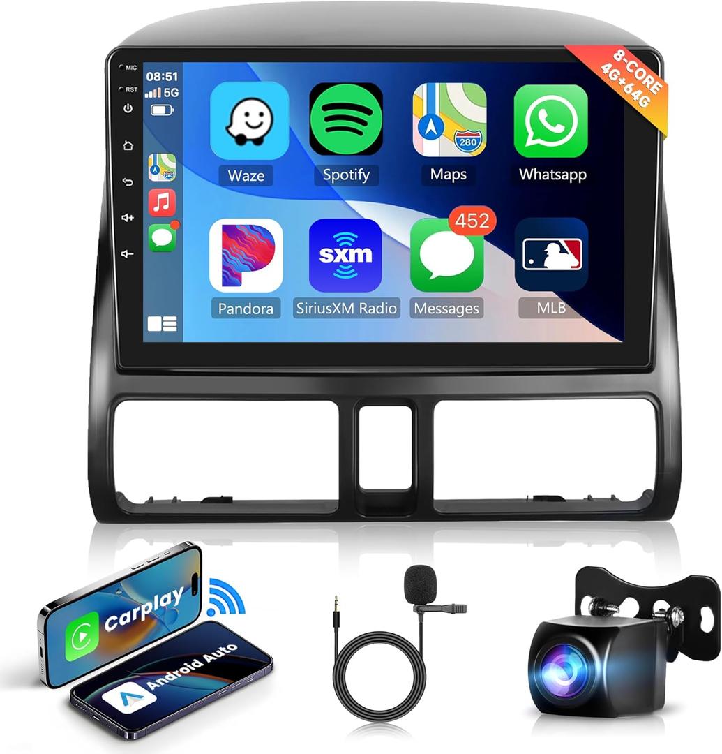 8 Core 4+64G Android Car Radio Car Stereo for Honda CRV 2002-2006 with Wireless Carplay Android Auto, 9 Head Unit Touch Screen Mirror Link WiFi GPS Navigation Bluetooth FM RDS DSP Backup Camera SWC