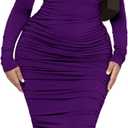 Ekaliy Women's Ruched Bodycon Midi Dress Mock Neck Long Sleeves Party Club Dresses (Dark Purple) Small