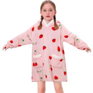 Redair Kids Wearable Blanket Hoodie Boys Girls Comfort Hooded Blanket Sweater with Pocket Cute Birthday Gifts Kids, 6-10 Years, Strawberry
