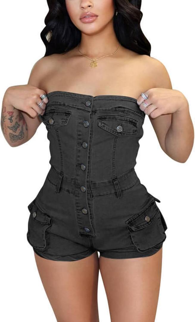Womens Tube Denim Romper Sexy Bodycon Strapless Backless Cargo Shorts Summer Stretch Jean Jumpsuit Clubwear (Small, 1-black)
