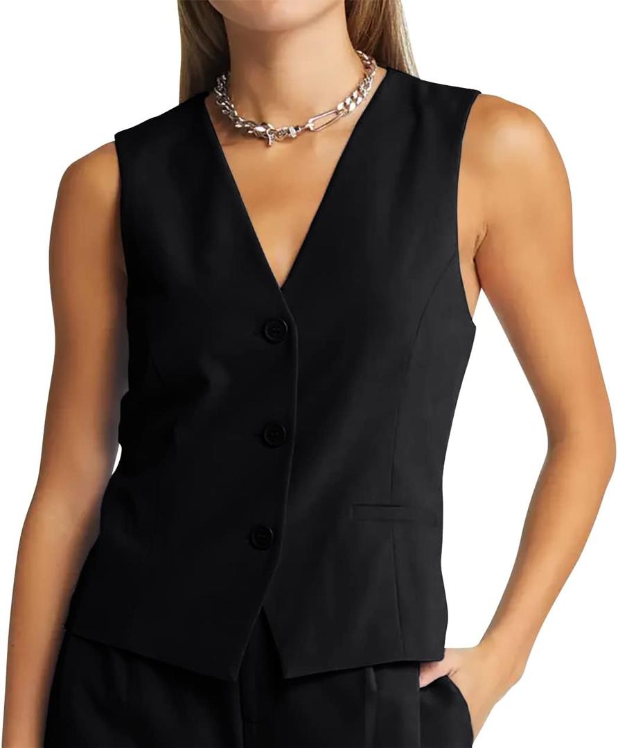GAMISOTE Women Buttons Vest Crop Vintage Sleeveless V Neck Elastic Chiffon Waistcoat (Medium, Black)