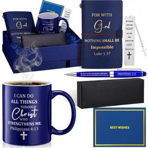 Shellwei 6 Pcs Valentines Christian Gift for Men 11 oz Mug Leather Notebook Religious Metal Bookmark Christian Pen with Box and 1 Refills Greeting Card and Box for Valentines Pastor Appreciation Gifts (Blue)